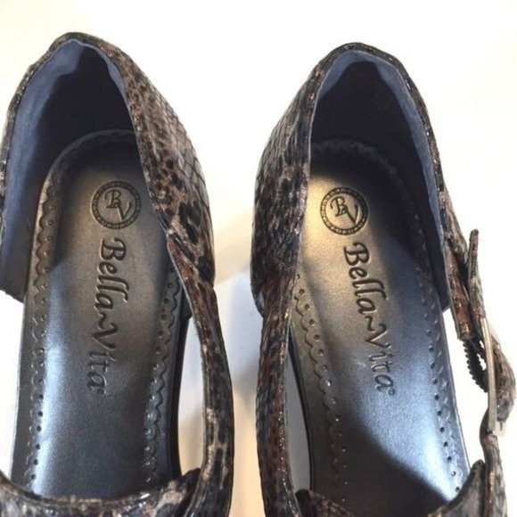 Bella Vita Womens Snake Print Open Toe Pumps Black Brown Leather Buckle size 6 - Picture 8 of 11